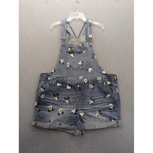 Disney Denim Overalls Womens 26 Blue Mickey Mouse Print Shorts Romper Cotton